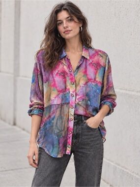 Vintage Forenza Watercolor Sheer Blouse Rose Buttons—Small